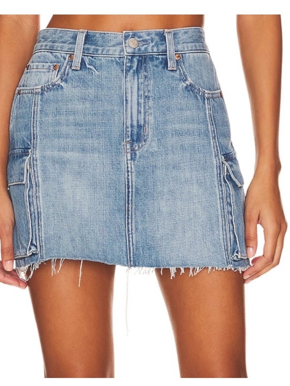 Pistola Light Blue Denim cargo Mini Skirt with Frayed Hem
